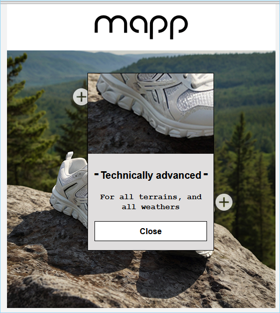 Esempio di un hotspot aperto con informazioni sul prodotto in un'email HTML interattiva.