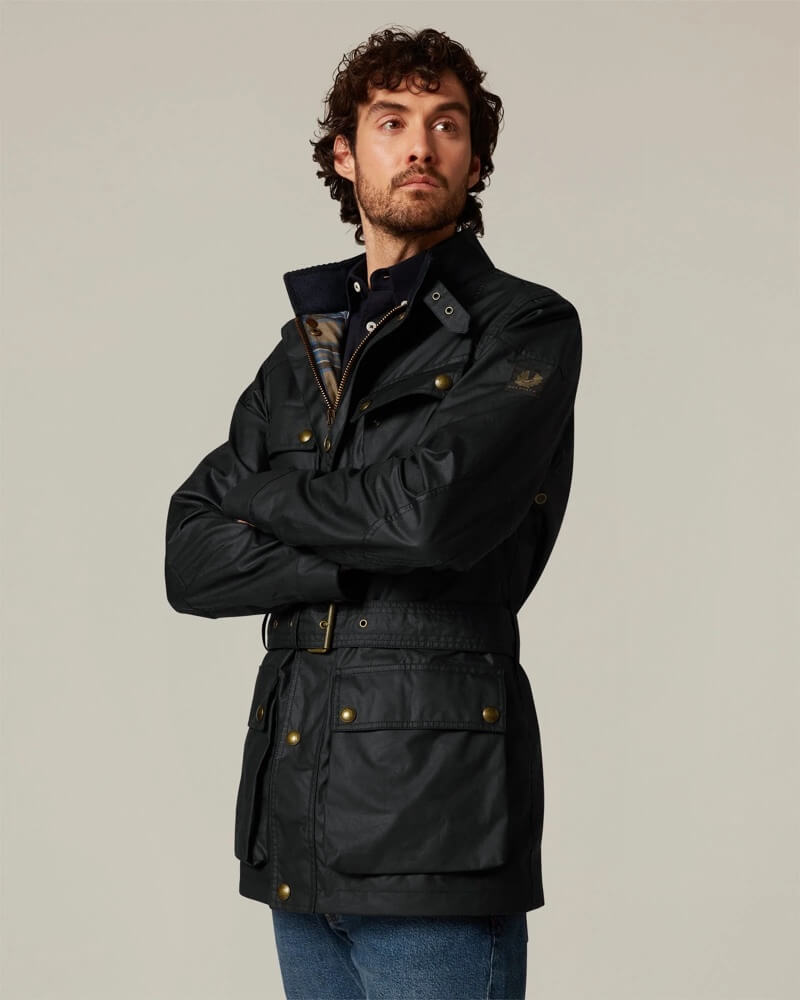 Model wearing a Belstaff waxed jacket