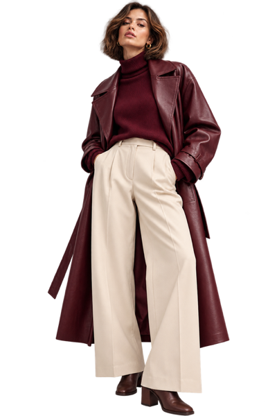 Styled look: trench coat, ribbed turtleneck, wide-leg trousers and ankle boots