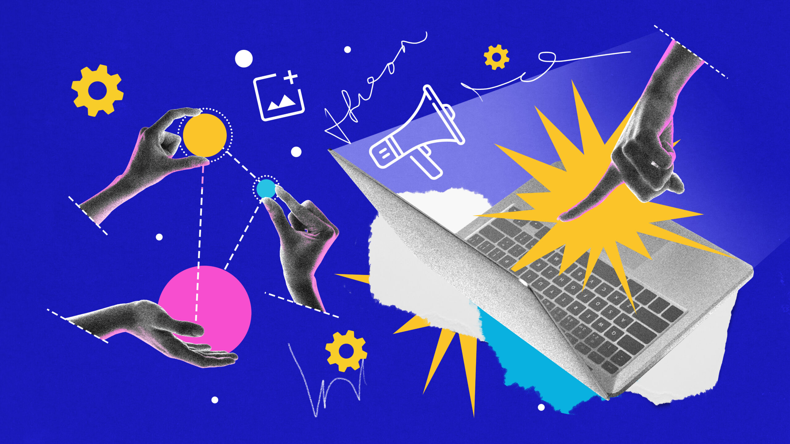 graphic with hands pointing to to laptop and hands connected with dots